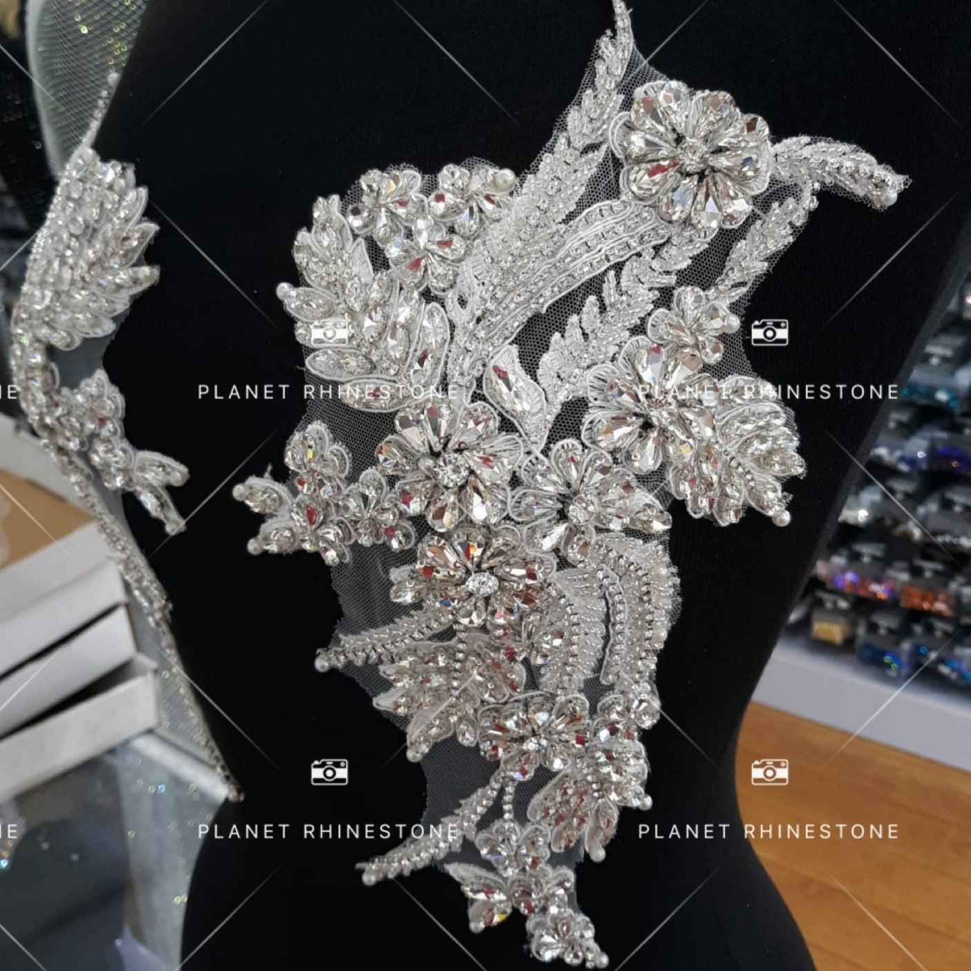 silver appliques for dresses RHS-APL-013-SILVERWHITE-PAIR. Sew-On Clear Crystal Rhinestone Applique With White Flowers and Silver Bea On Tulle