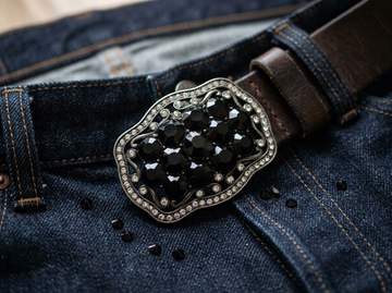 Black rhinestone belt buckle on dark-wash jeans with scattered black crystals.