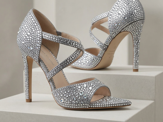 Silver rhinestone-covered high heels with rhinestone embellishments.