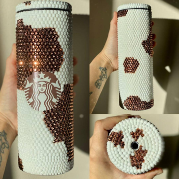 A close-up view shows three angles of a Starbucks tumbler, completely coated in white and bronze crystal rhinestones around the center Starbucks logo.
