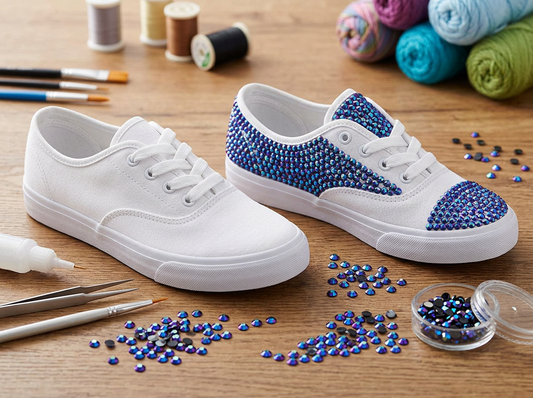 White sneakers customized with blue rhinestones alongside rhinestone crafting supplies.