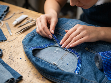 Person applying rows of blue rhinestones around the pocket of a denim garment using tweezers.