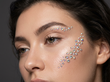 Model wearing iridescent rhinestones arranged around the eyebrow and cheek for a jeweled makeup look