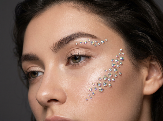 Model wearing iridescent rhinestones arranged around the eyebrow and cheek for a jeweled makeup look