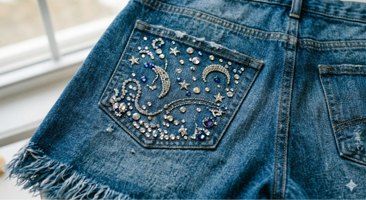 A close-up of a denim pocket decorated with a sparkling rhinestone design of moons, stars, and celestial swirls.