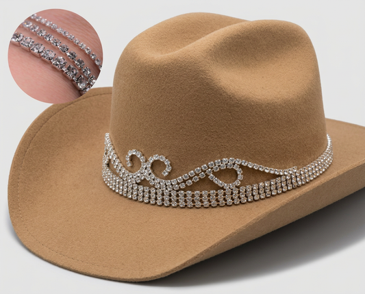 Tan cowboy hat decorated with silver rhinestone fringe trim.
