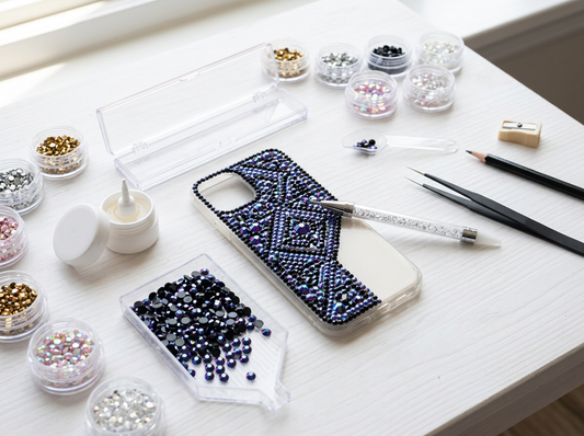 Jelly rhinestones and tools arranged around a geometric rhinestone phone case on a white craft table.