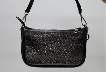 Black rhinestone shoulder bag with detachable strap and zip-top closure.