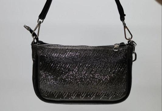 Black rhinestone shoulder bag with detachable strap and zip-top closure.
