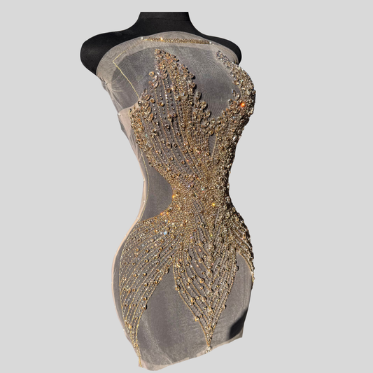 Hand-made rhinestone bodice appliqué with cascading glass rhinestones on sheer mesh, available in silver, gold, and black