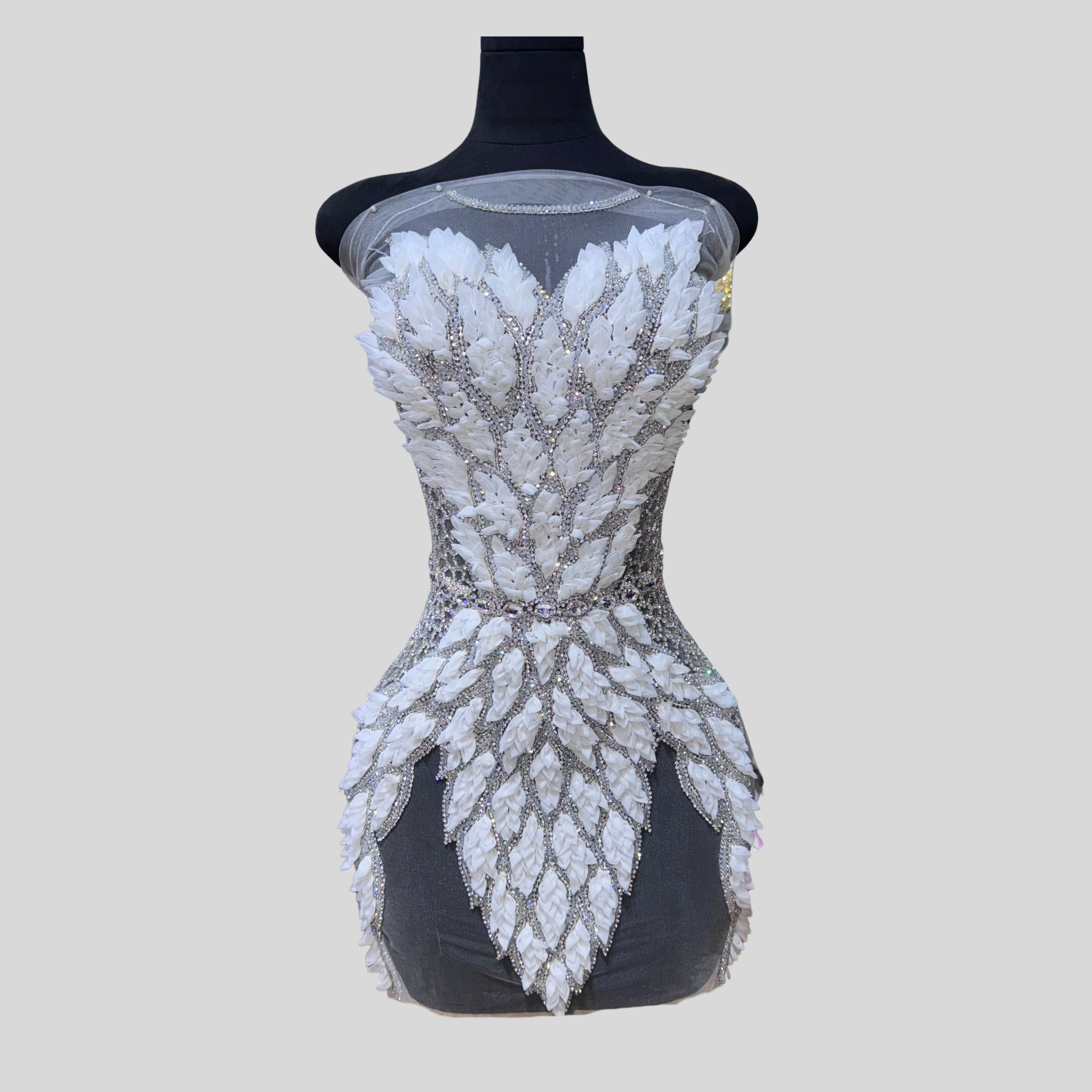 Hand-made rhinestone bodice appliqué with layered leaf embellishments and glass rhinestones on sheer mesh