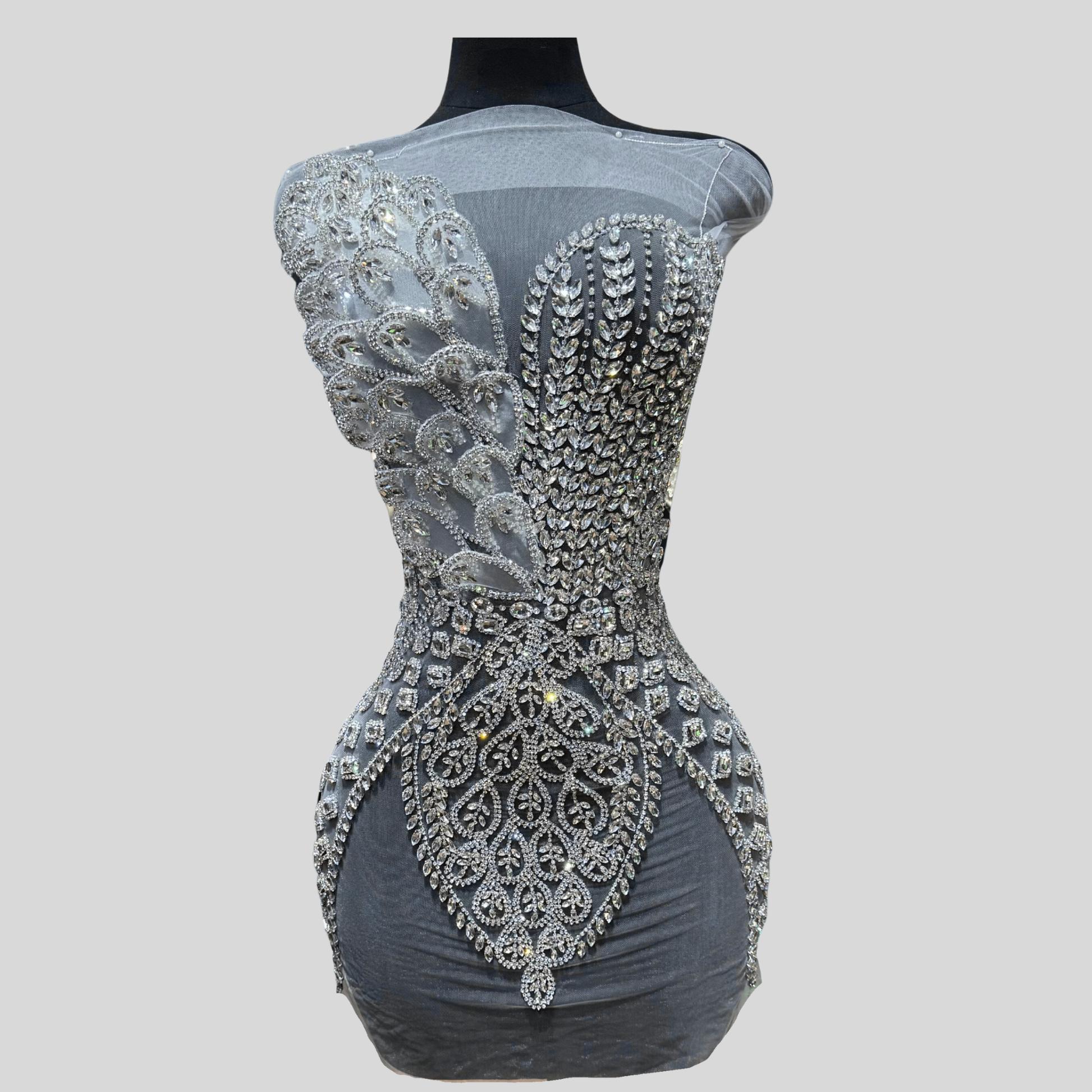 Hand-made rhinestone bodice appliqué with glass rhinestones and beads on sheer mesh