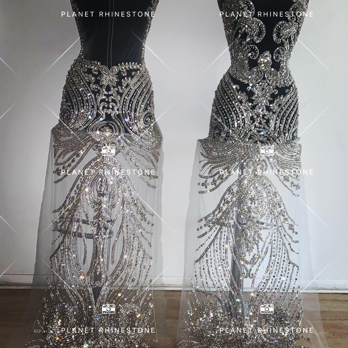 silver appliques for dresses RHS-APL-013-SILVERWHITE-PAIR. Sew-On Clear Crystal Rhinestone Applique With White Flowers and Silver Bea On Tulle